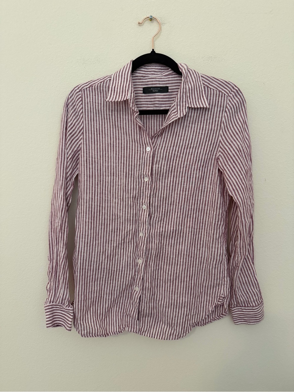 Weekend Max Mara 100% Linen Striped Button Up Sz 2 Coastal Quiet Luxury Classic